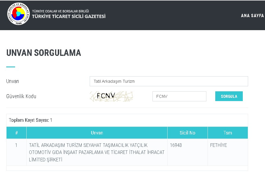 Türkiye Ticaret Sicili Gazetesi Kayıt Ekranı