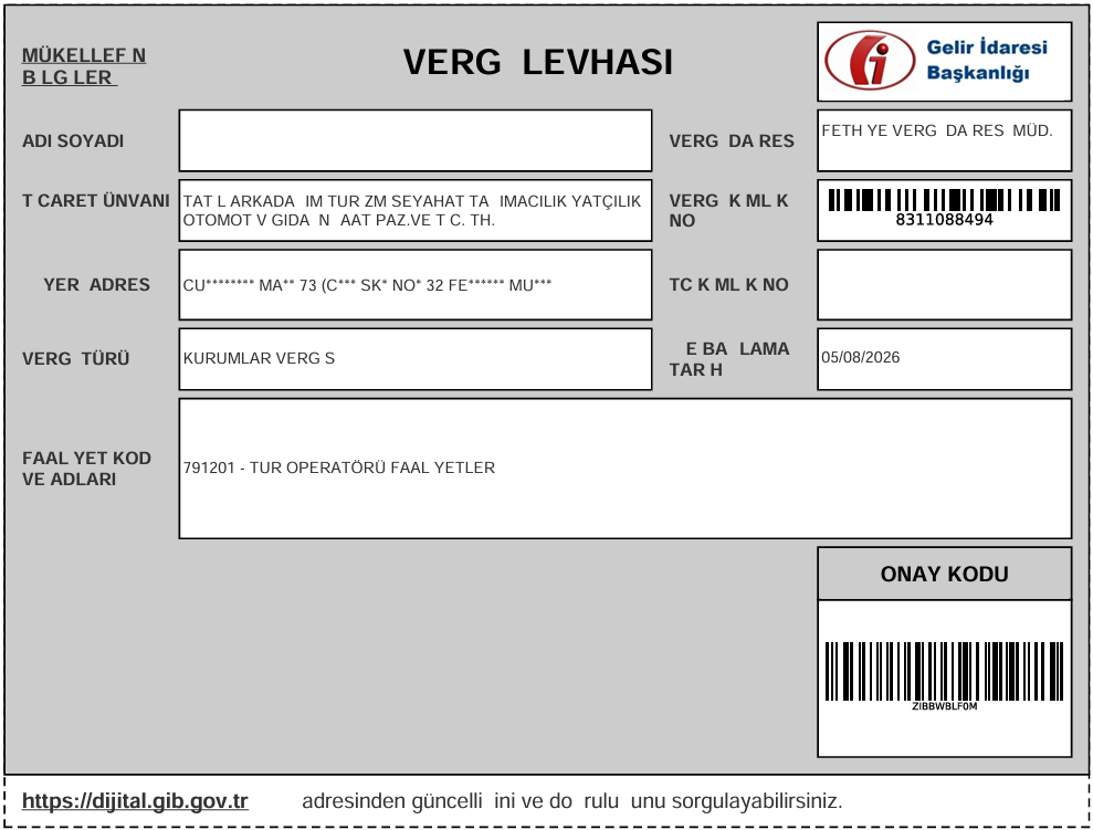 Gelir İdaresi Başkanlığı Vergi Levhası